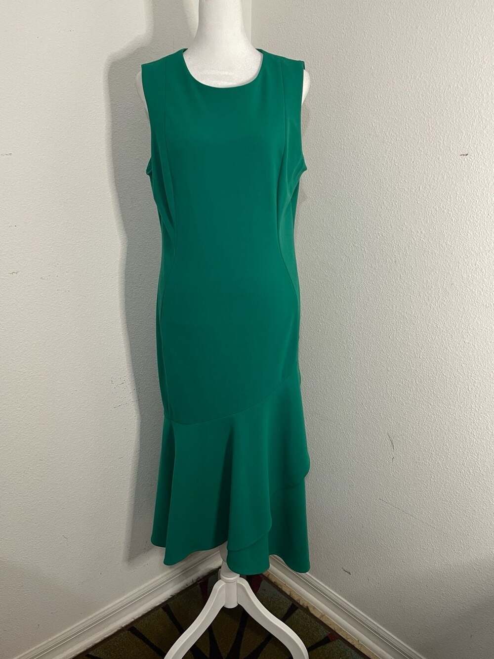 Calvin Klein Emerald Green Sleeveless Flounce-Hem Midi Sheath Dress Size 10